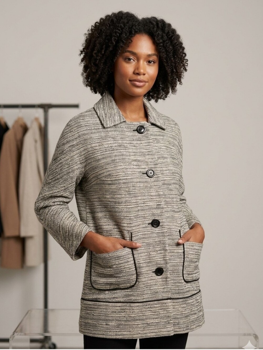 Massimo Dutti Womens Tweed Cotton Alpaca Button Pea Coat 40/8 Corporate Chic